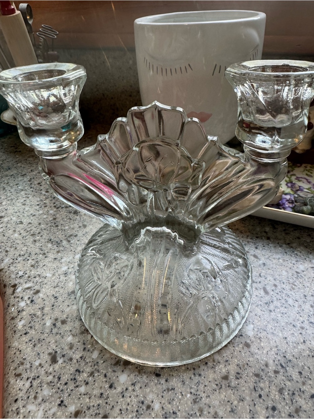 Clear Pressed Glass Double Candle Holder with Floral Motif